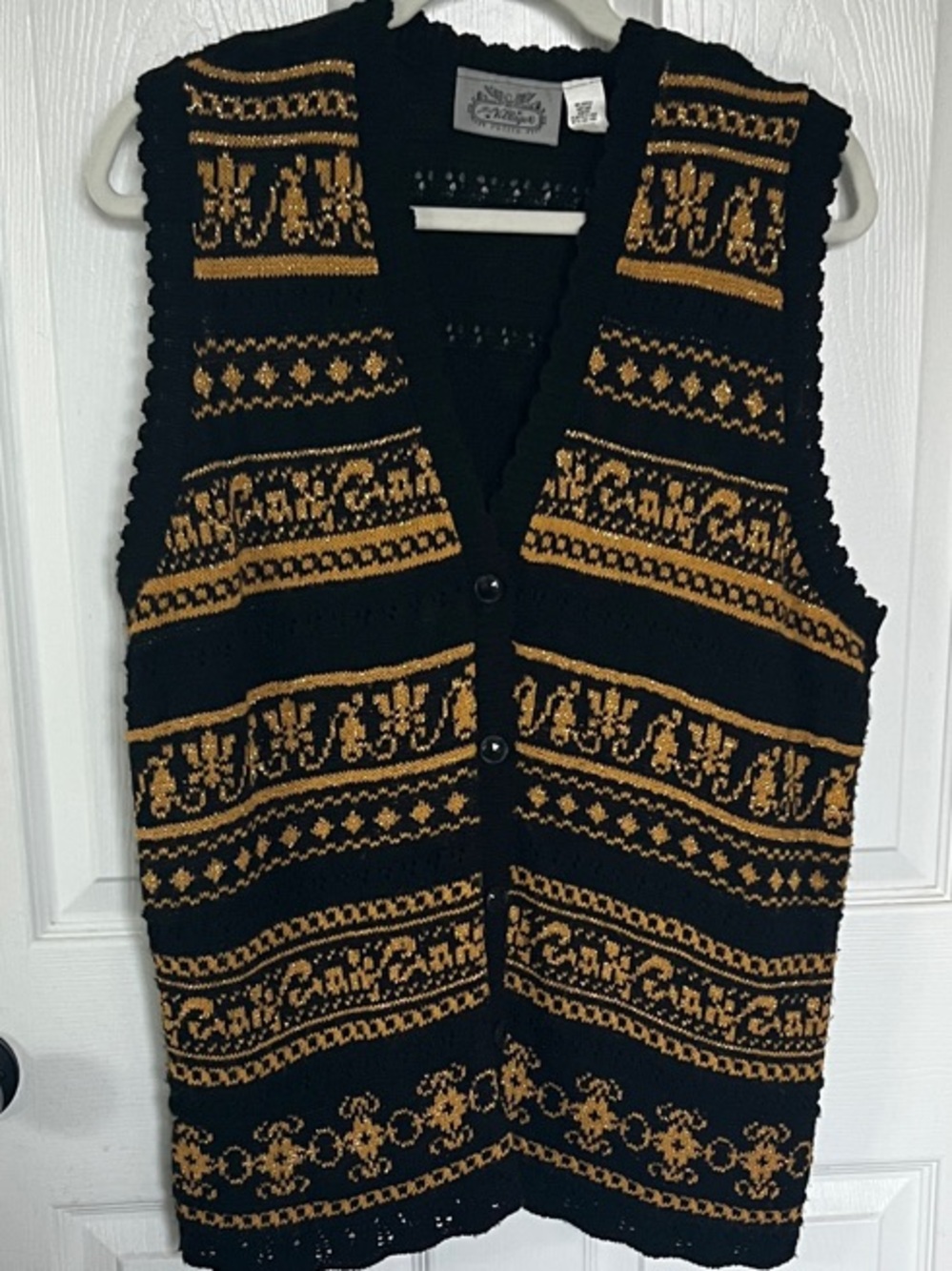Vintage The Villager Metallic Gold Black Long Tunic Sweater Vest Holiday M L